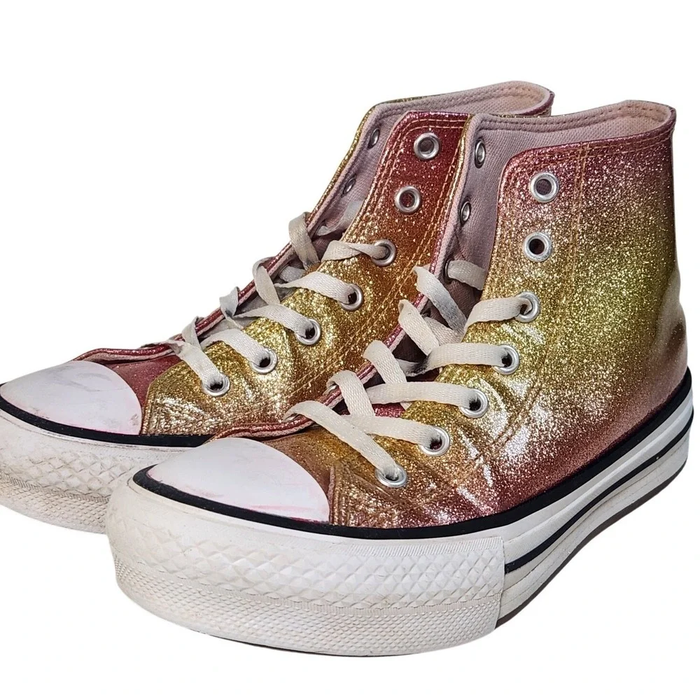 CONVERSE Chuck Taylor All Star High Top Shoe Youth 3 Pink Gold Girls Glitter‎